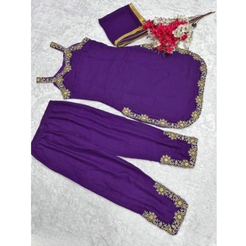 Women's Georgette Embroidery Sleeveless Round Neck Kurti, Palazzo And Dupatta Set (Purple) - Image 2