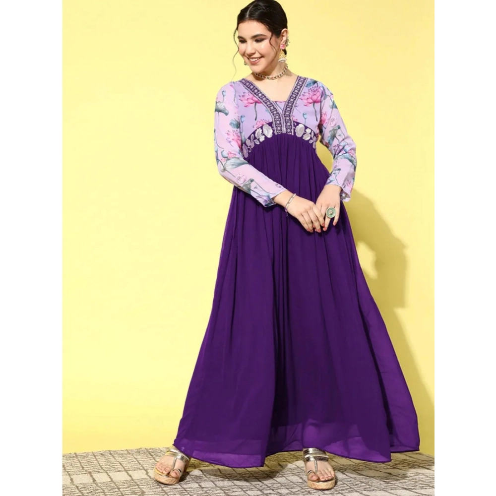 Georgette Embroidery 3-4th Sleeve V-Neck Kurti (Purple)