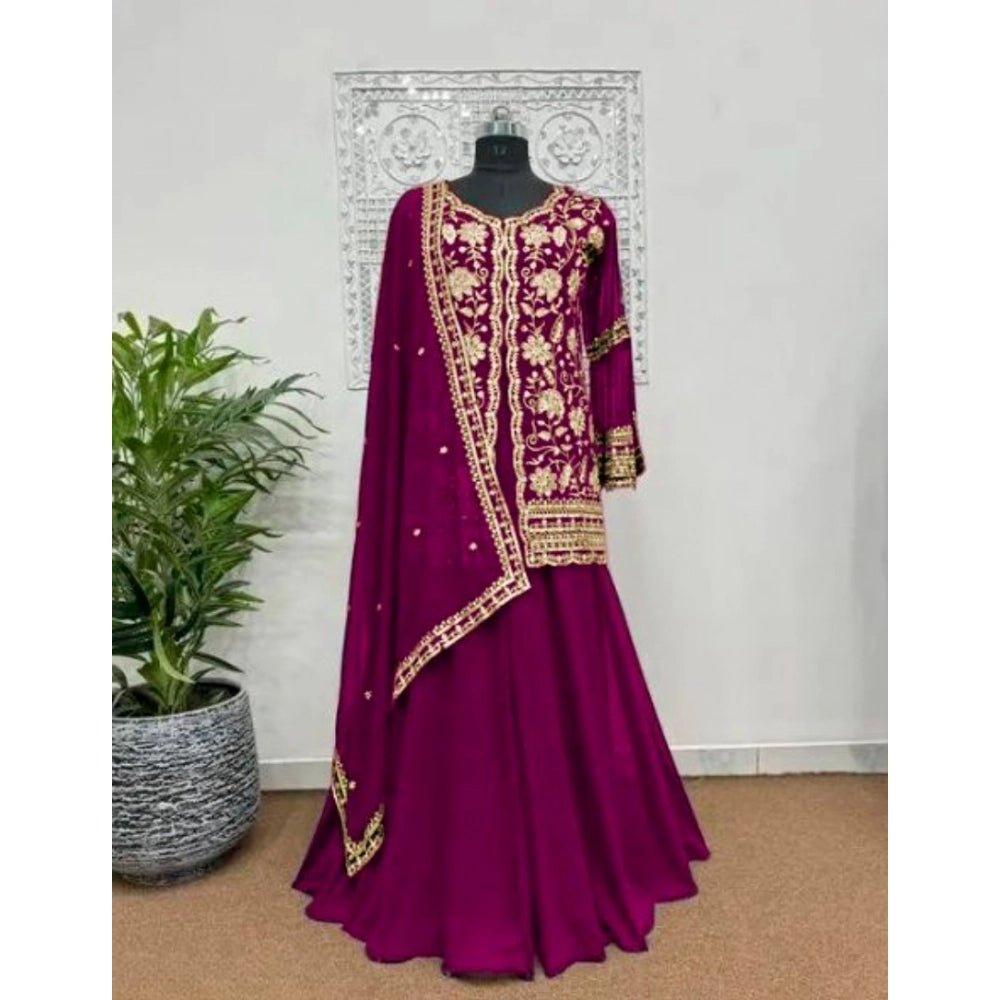 Women's Georgette Embroidery 3-4th Sleeve V-Neck Kurti, Palazzo And Dupatta Set (Wine) - Image 2