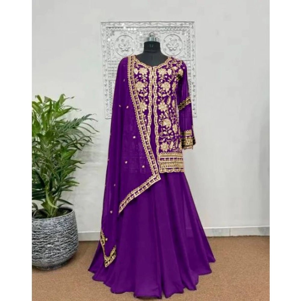 Women's Georgette Embroidery 3-4th Sleeve V-Neck Kurti, Palazzo And Dupatta Set (Purple) - Image 2