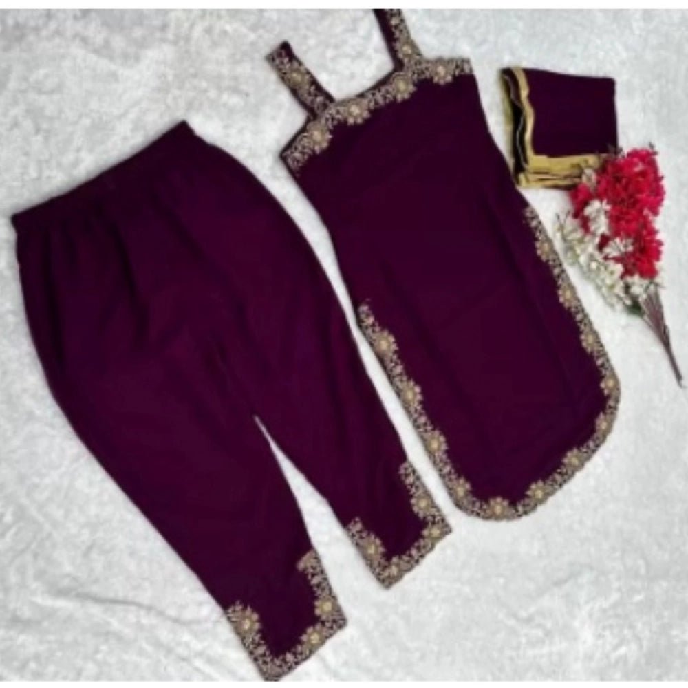 Women's Georgette Embroidery Sleeveless Round Neck Kurti, Palazzo And Dupatta Set (Wine) - Image 2