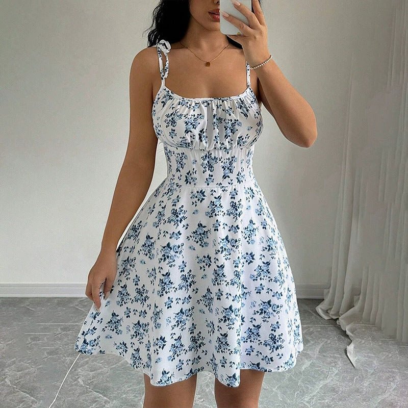 Floral Print Dress Summer Sweet A- Line Waist Trimming Dresses Women's Slimming Casual Clothing - Image 2