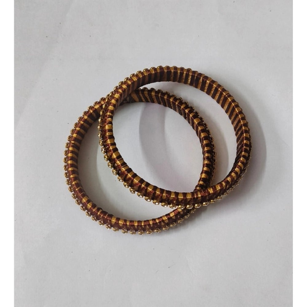 Women's Plastic Silk Thread Bangles (Gold-Dark Brown, Size: 2.6) - Image 2
