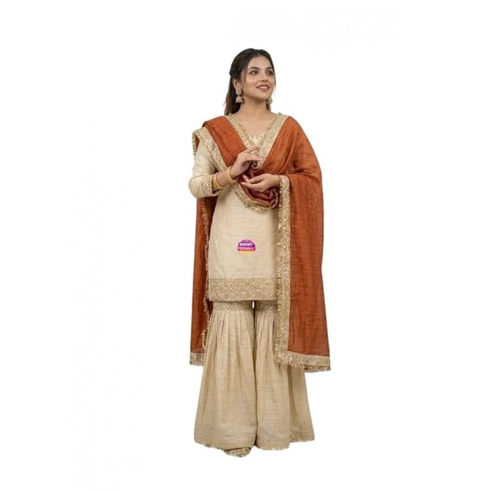 Silk Embroidered 3/4th Sleeve V-Neck Kurti With Sharara Pant and Dupatta Set (Cream & Orange) - Image 2