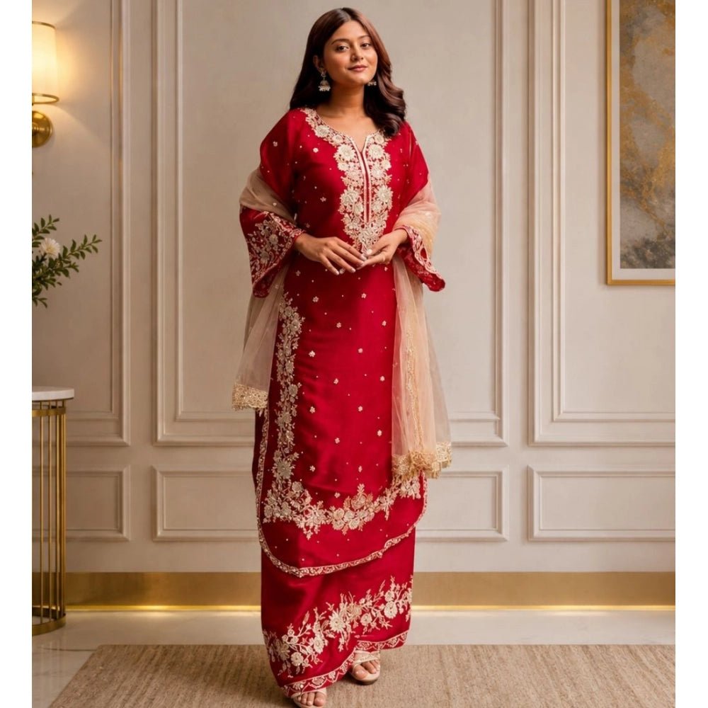 Silk Embroidered 3/4th Sleeve Round Readymade Kurti With Palazzo Pant and Dupatta Set (Red)