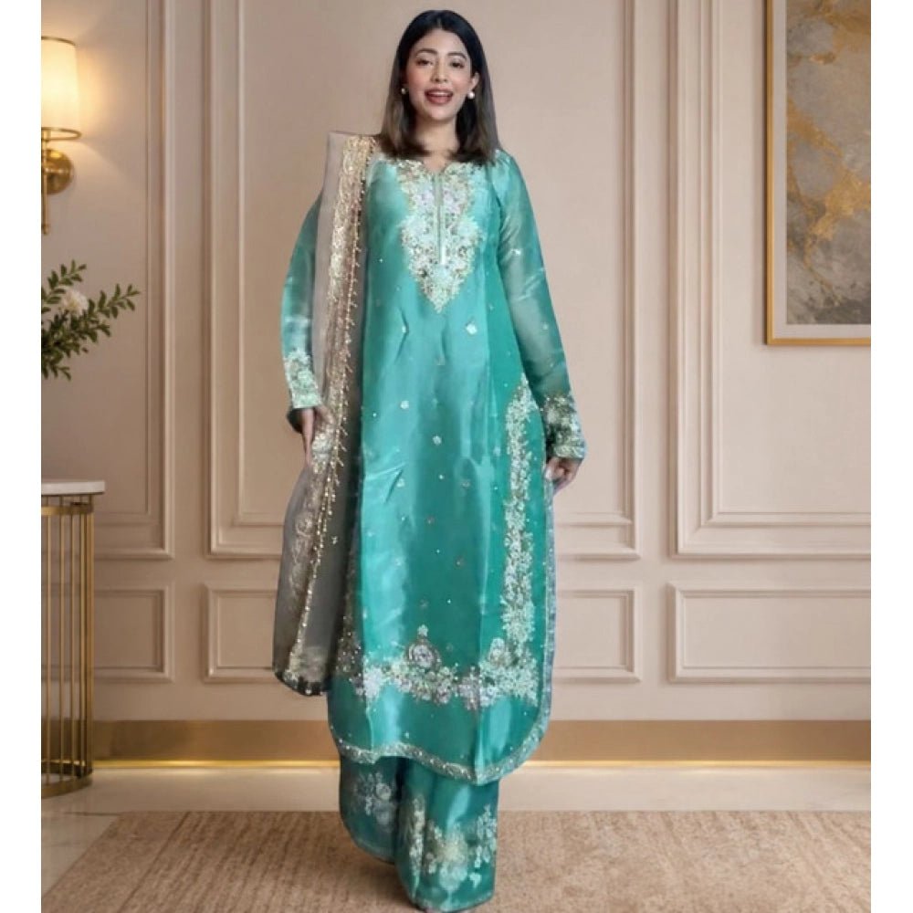 Silk Embroidered 3/4th Sleeve Round Readymade Kurti With Palazzo Pant and Dupatta Set (Sea Green)