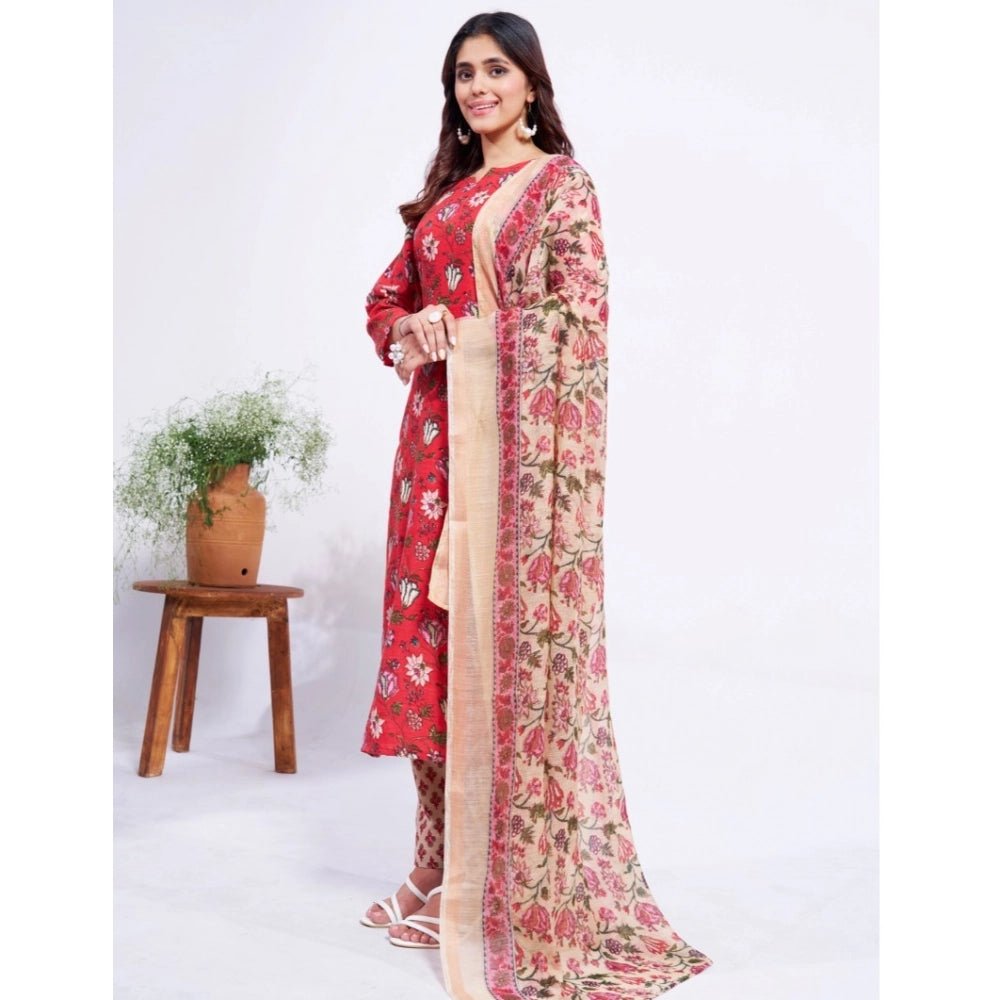 Women's Cotton Blend Printed Kurti With Pant Dupatta Set (Red) - Image 2