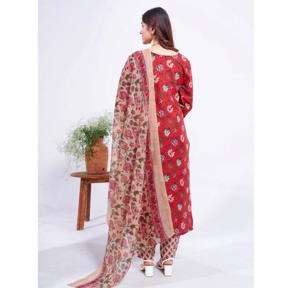Women's Cotton Blend Printed Kurti With Pant Dupatta Set (Red) - Image 3