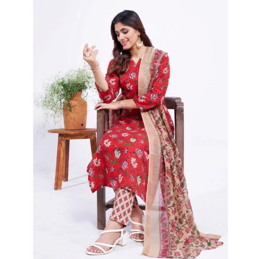 Women's Cotton Blend Printed Kurti With Pant Dupatta Set (Red) - Image 4