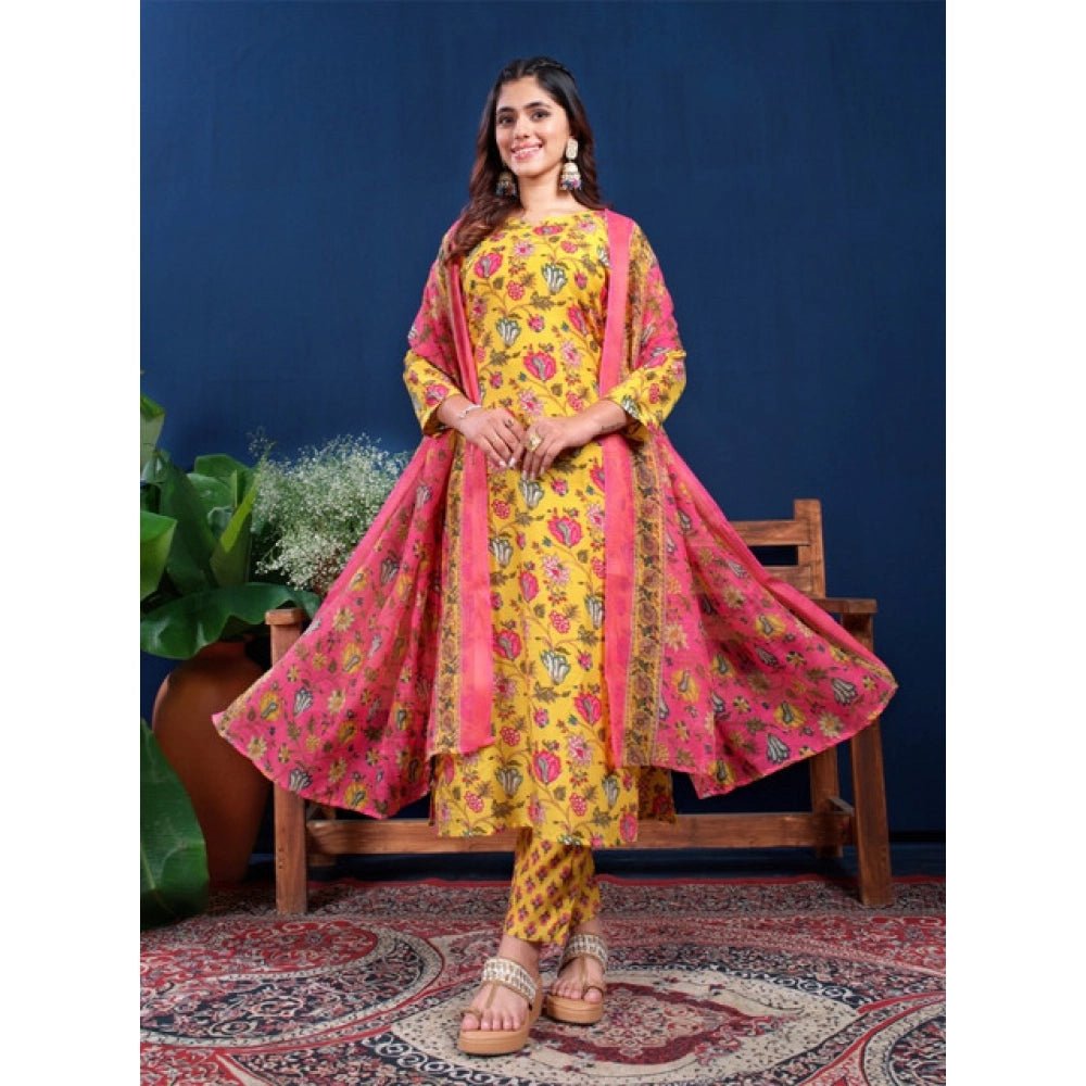Women's Cotton Blend Printed Kurti With Pant Dupatta Set (Yellow) - Image 2