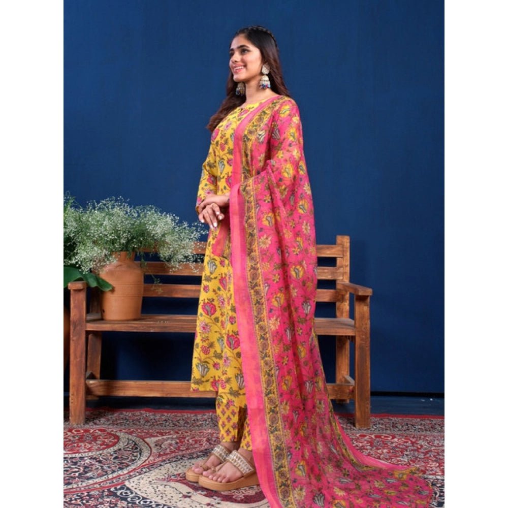 Women's Cotton Blend Printed Kurti With Pant Dupatta Set (Yellow) - Image 3