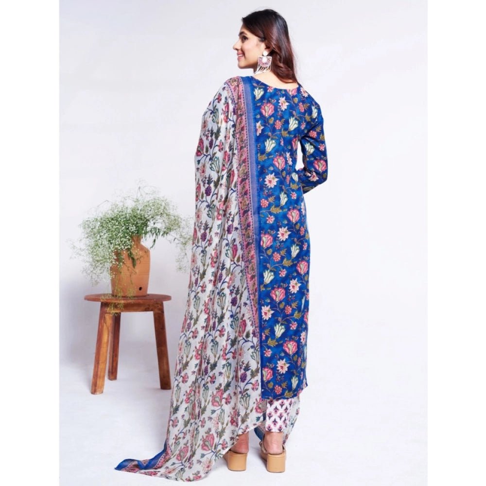 Women's Cotton Blend Printed Kurti With Pant Dupatta Set (Blue) - Image 2