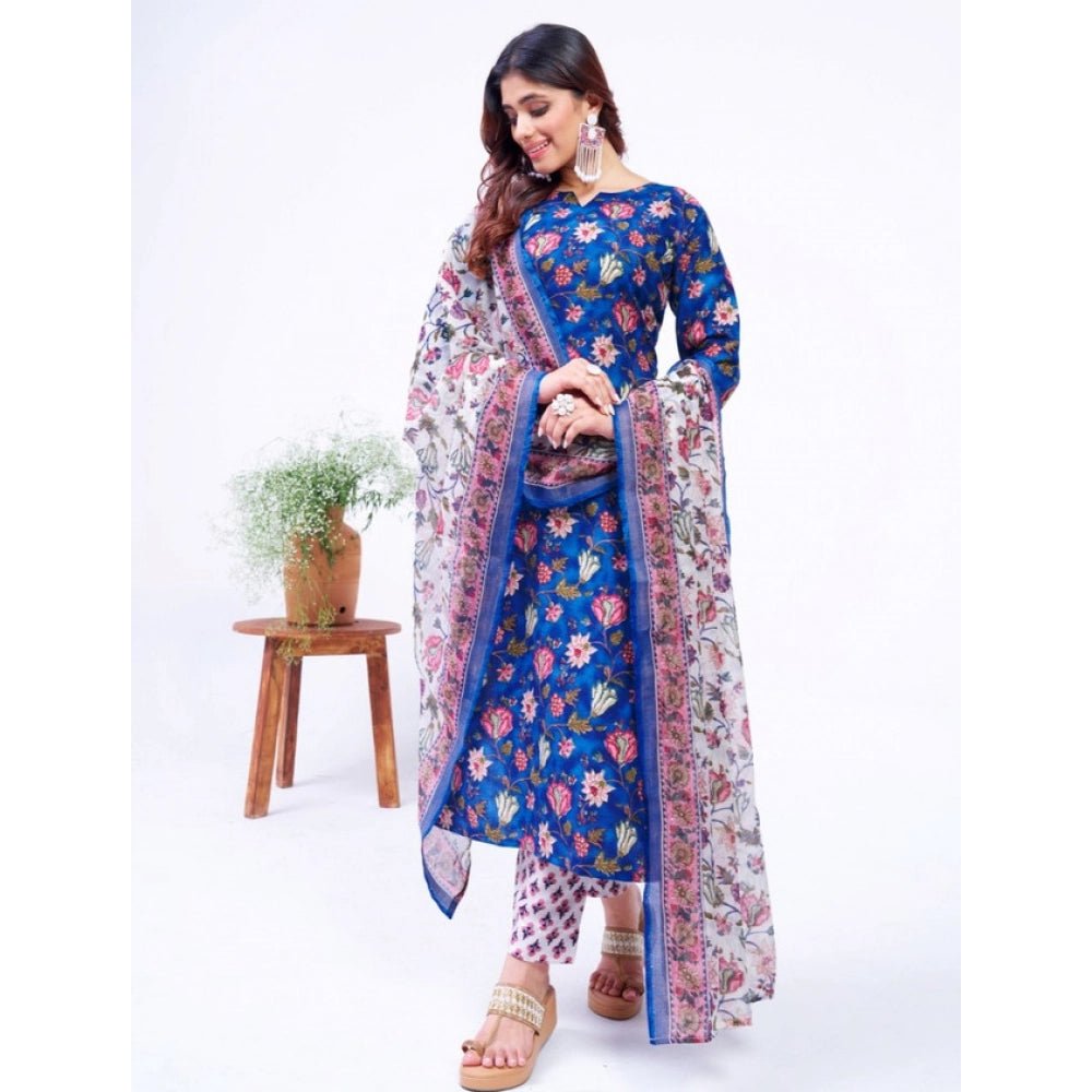 Women's Cotton Blend Printed Kurti With Pant Dupatta Set (Blue) - Image 3