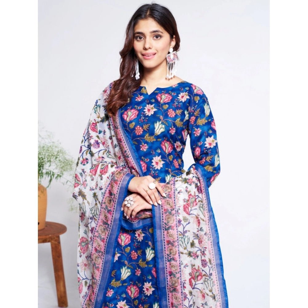 Women's Cotton Blend Printed Kurti With Pant Dupatta Set (Blue) - Image 4