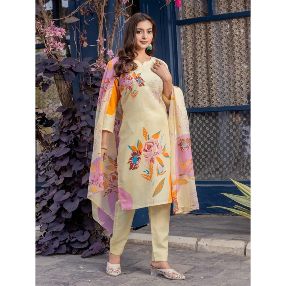 Women's Cotton Blend Printed Kurti With Pant Dupatta Set (Cream) - Image 2