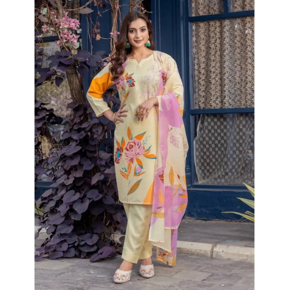 Women's Cotton Blend Printed Kurti With Pant Dupatta Set (Cream) - Image 3