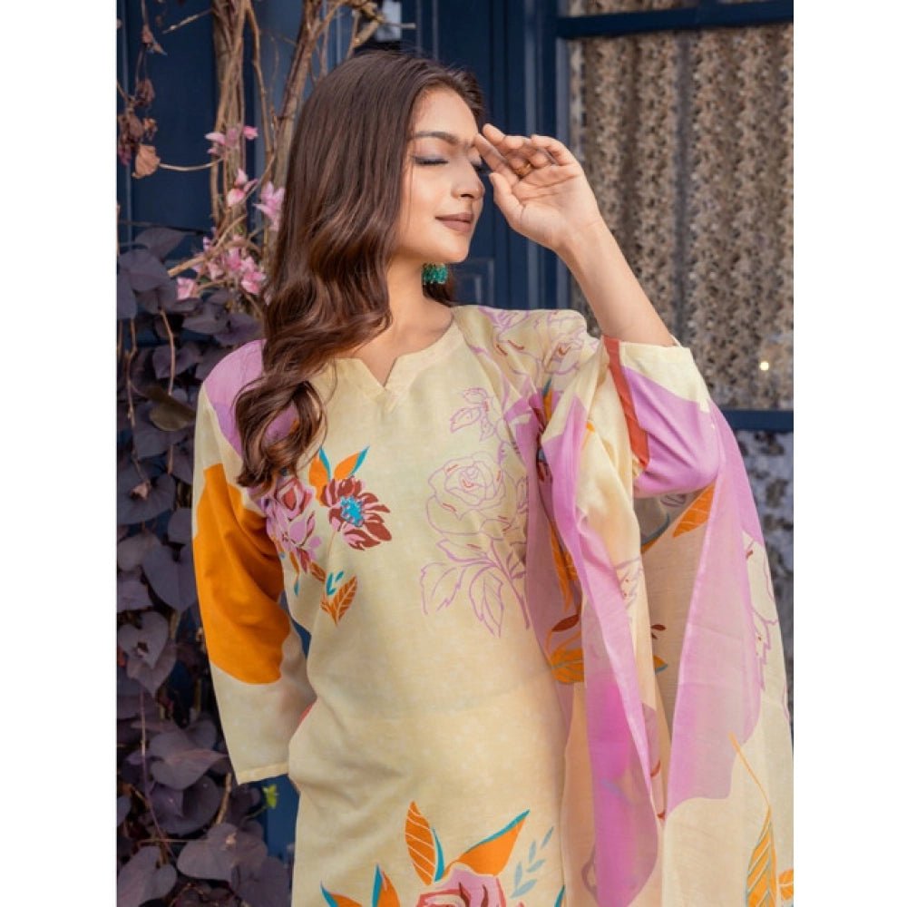 Women's Cotton Blend Printed Kurti With Pant Dupatta Set (Cream) - Image 4