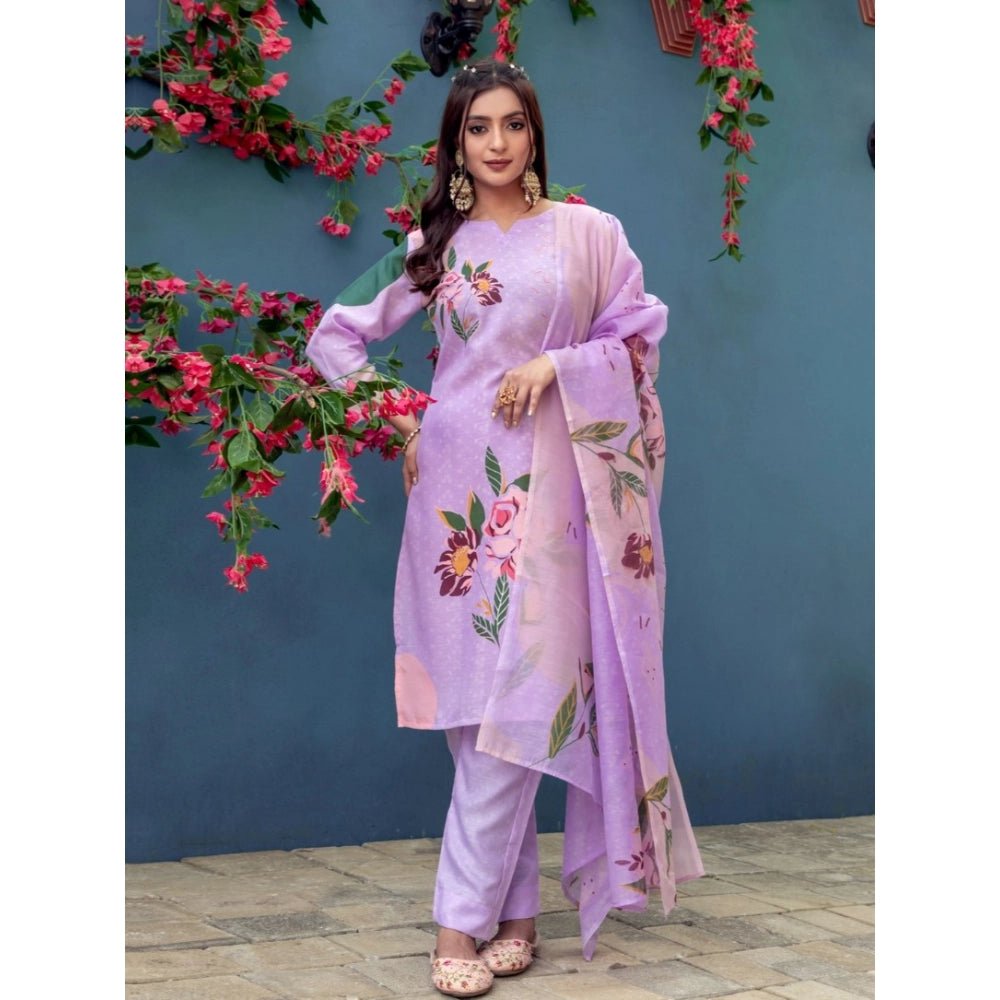 Women's Cotton Blend Printed Kurti With Pant Dupatta Set (Lavender) - Image 2