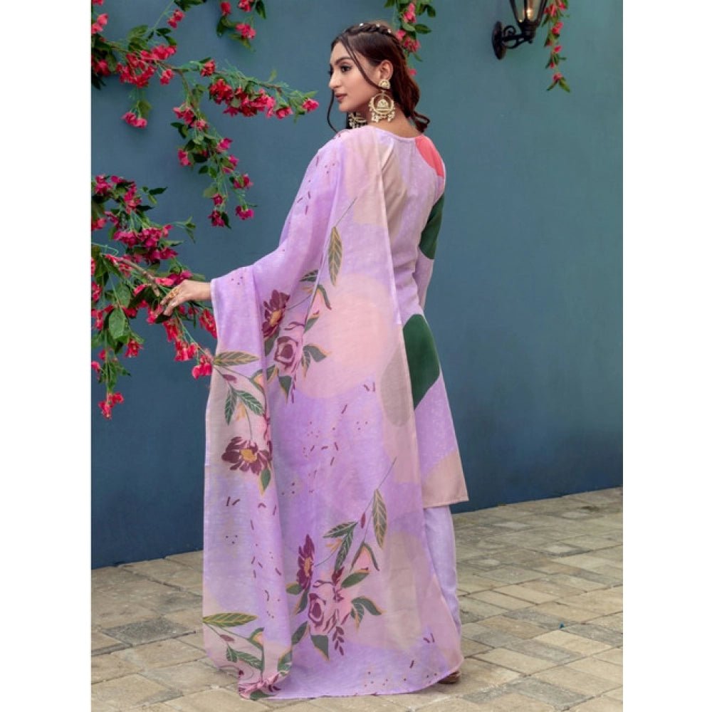 Women's Cotton Blend Printed Kurti With Pant Dupatta Set (Lavender) - Image 3