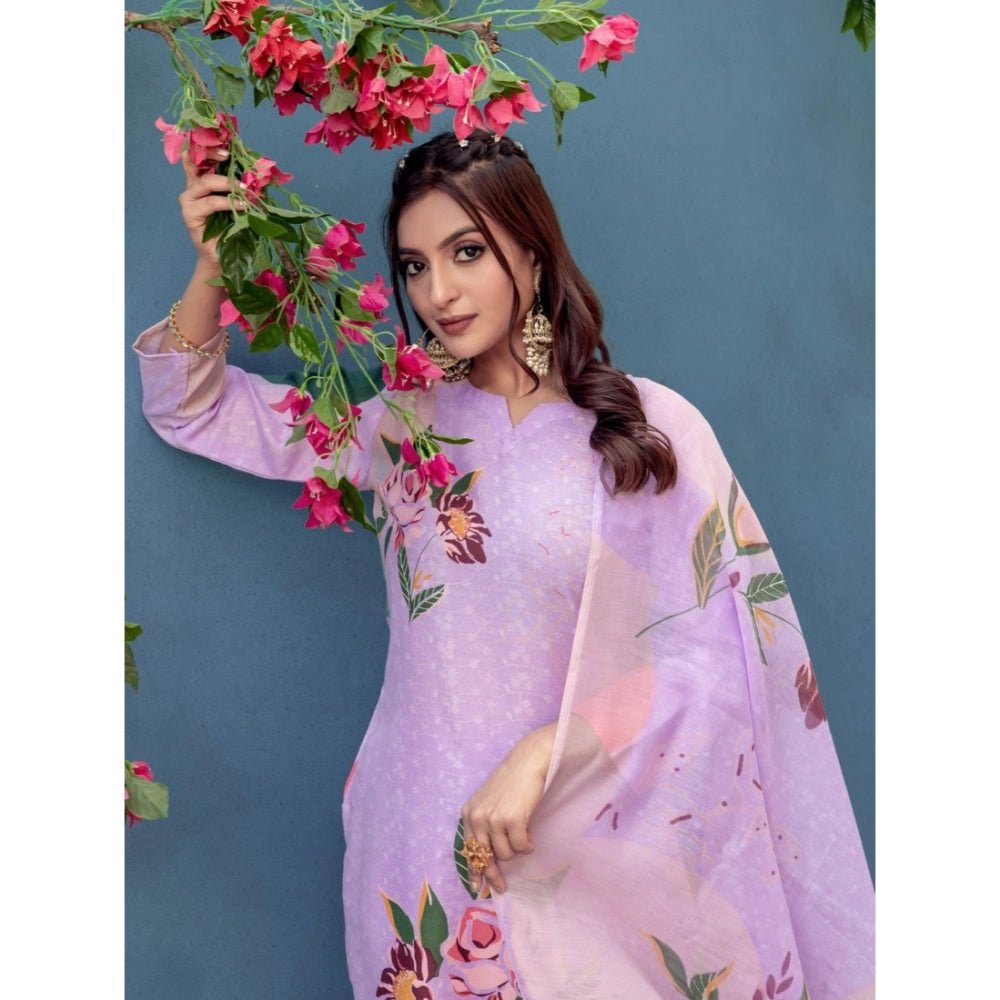 Women's Cotton Blend Printed Kurti With Pant Dupatta Set (Lavender) - Image 4
