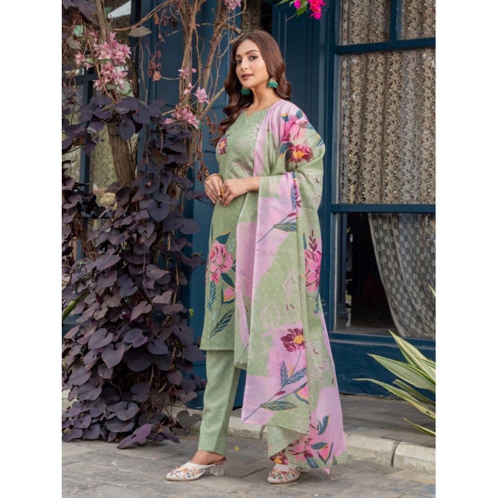 Women's Cotton Blend Printed Kurti With Pant Dupatta Set (Mehendi) - Image 2