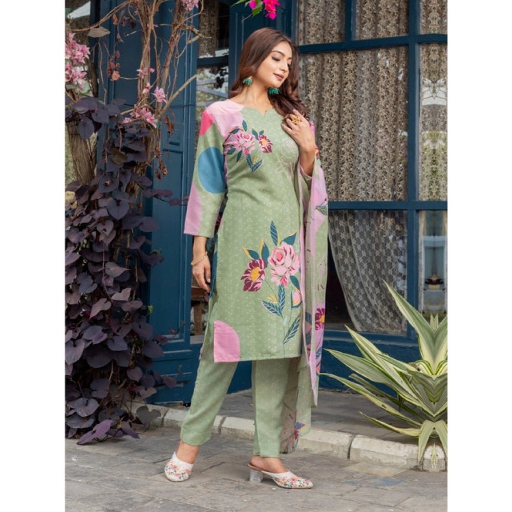 Women's Cotton Blend Printed Kurti With Pant Dupatta Set (Mehendi) - Image 3