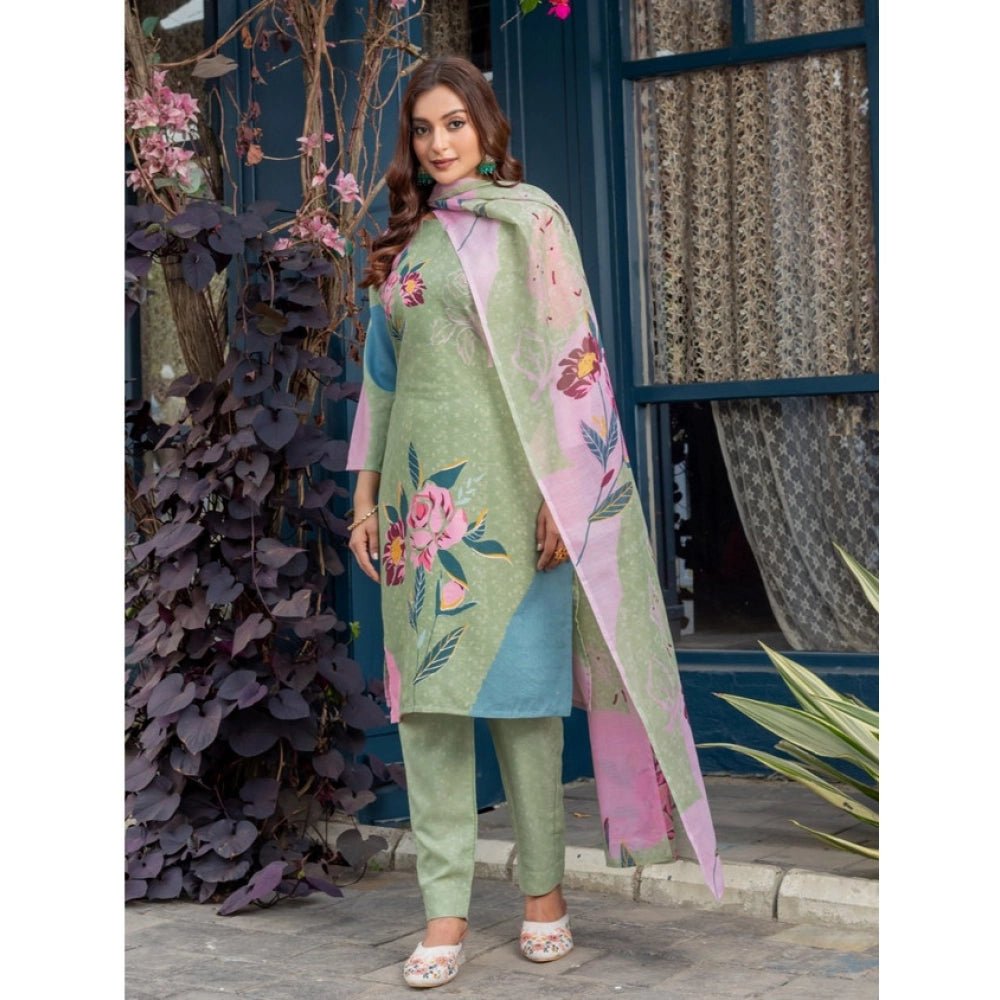 Women's Cotton Blend Printed Kurti With Pant Dupatta Set (Mehendi) - Image 4