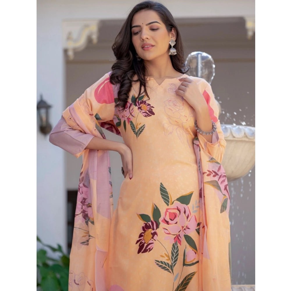 Women's Cotton Blend Printed Kurti With Pant Dupatta Set (Orange) - Image 3