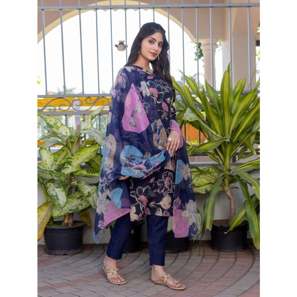 Women's Cotton Blend Printed Kurti With Pant Dupatta Set (NavyBlue) - Image 2