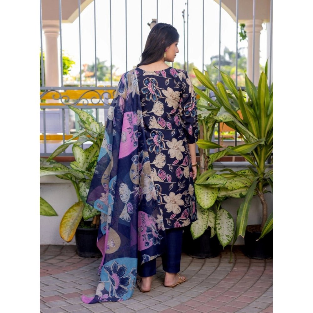 Women's Cotton Blend Printed Kurti With Pant Dupatta Set (NavyBlue) - Image 3