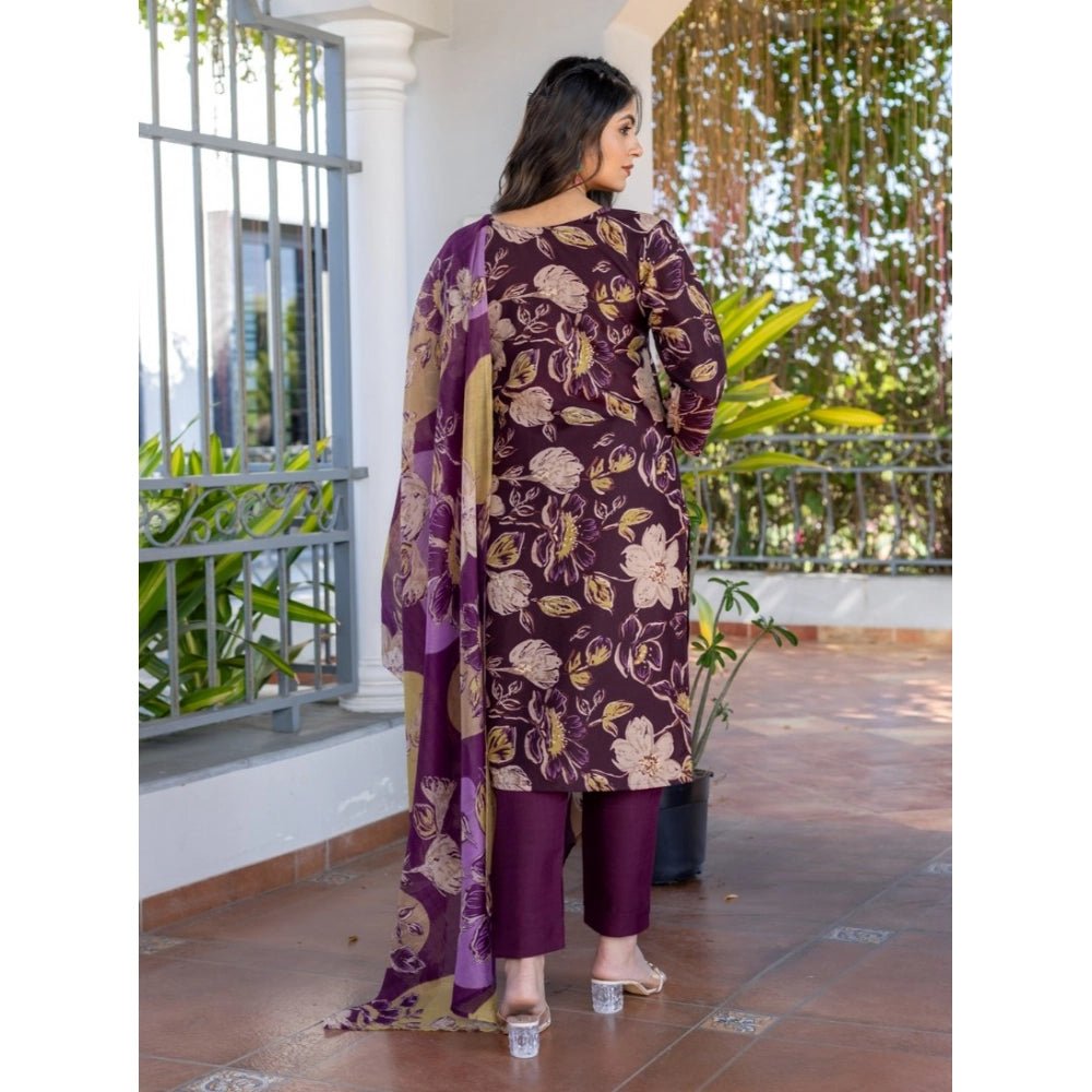 Women's Cotton Blend Printed Kurti With Pant Dupatta Set (Purple) - Image 2