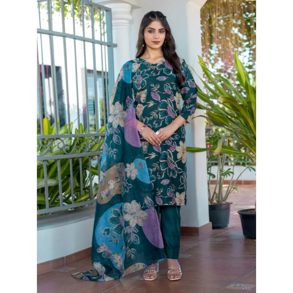 Women's Cotton Blend Printed Kurti With Pant Dupatta Set (Rama) - Image 3