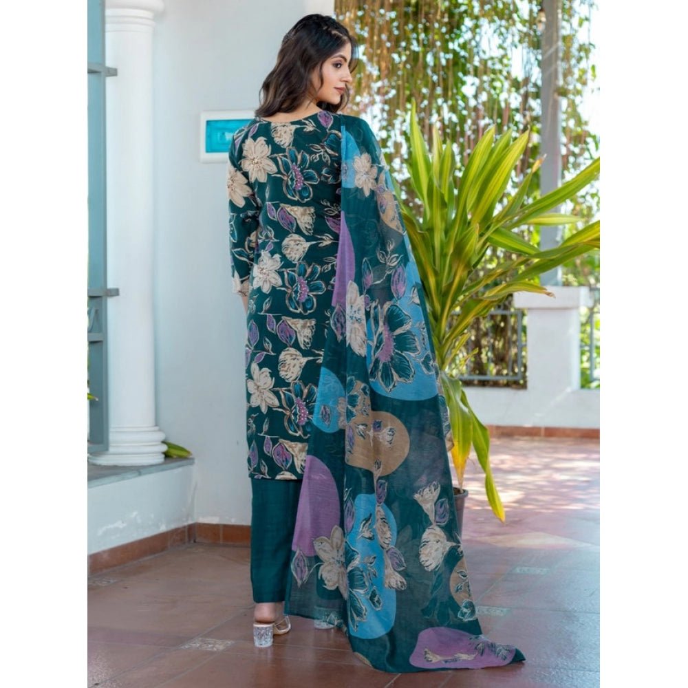 Women's Cotton Blend Printed Kurti With Pant Dupatta Set (Rama) - Image 4