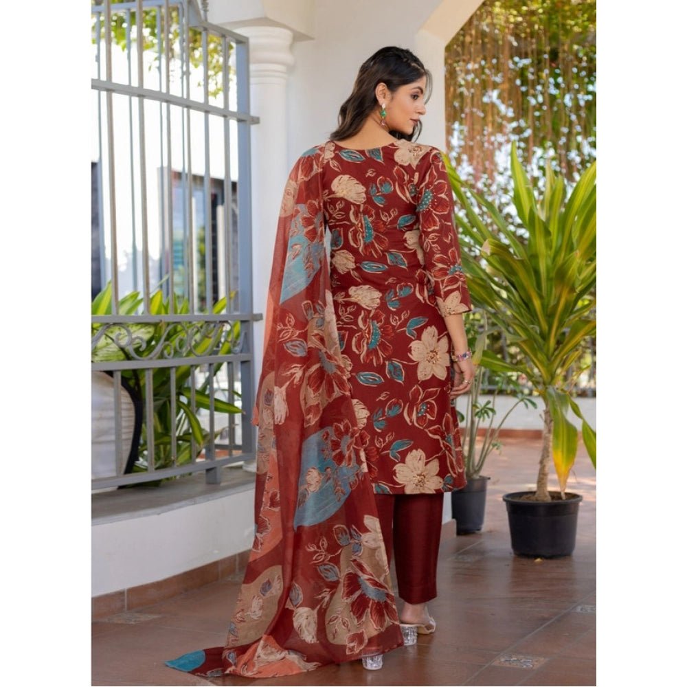 Women's Cotton Blend Printed Kurti With Pant Dupatta Set (Rust) - Image 2