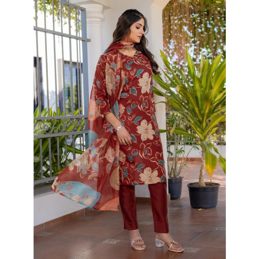 Women's Cotton Blend Printed Kurti With Pant Dupatta Set (Rust) - Image 3