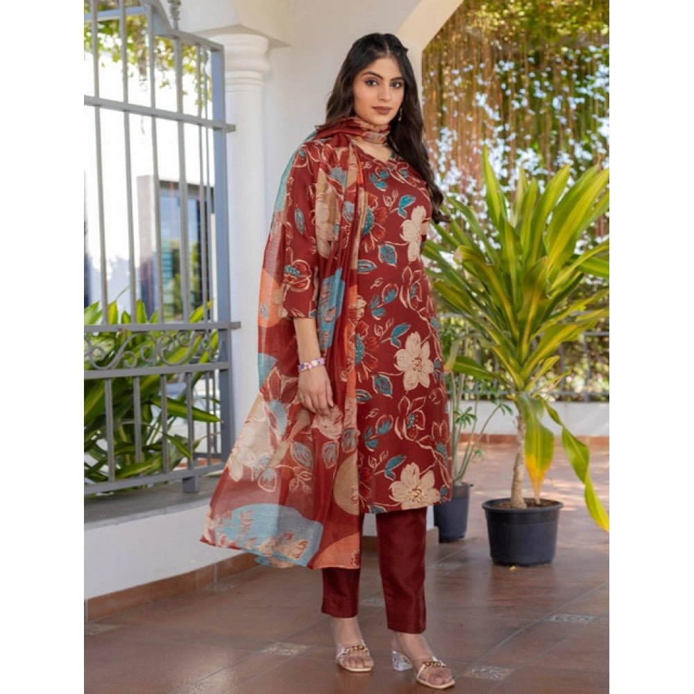 Women's Cotton Blend Printed Kurti With Pant Dupatta Set (Rust) - Image 4