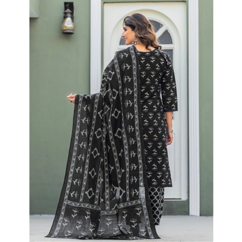 Women's Cotton Blend Printed Kurti With Pant Dupatta Set (Black) - Image 2