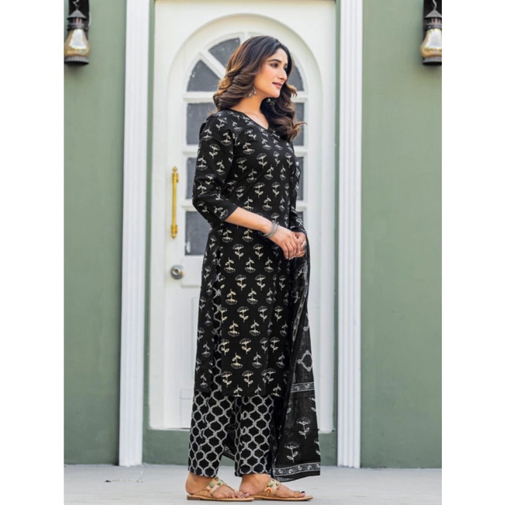Women's Cotton Blend Printed Kurti With Pant Dupatta Set (Black) - Image 4