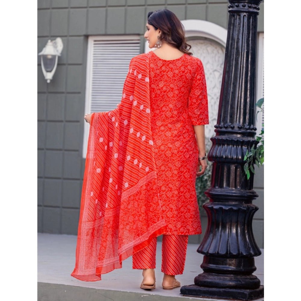 Women's Cotton Blend Printed Kurti With Pant Dupatta Set (Orange) - Image 3