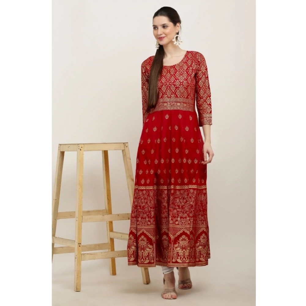 Casual Rayon 3-4th Sleeves Anarkali Kurti (Red) - Image 3
