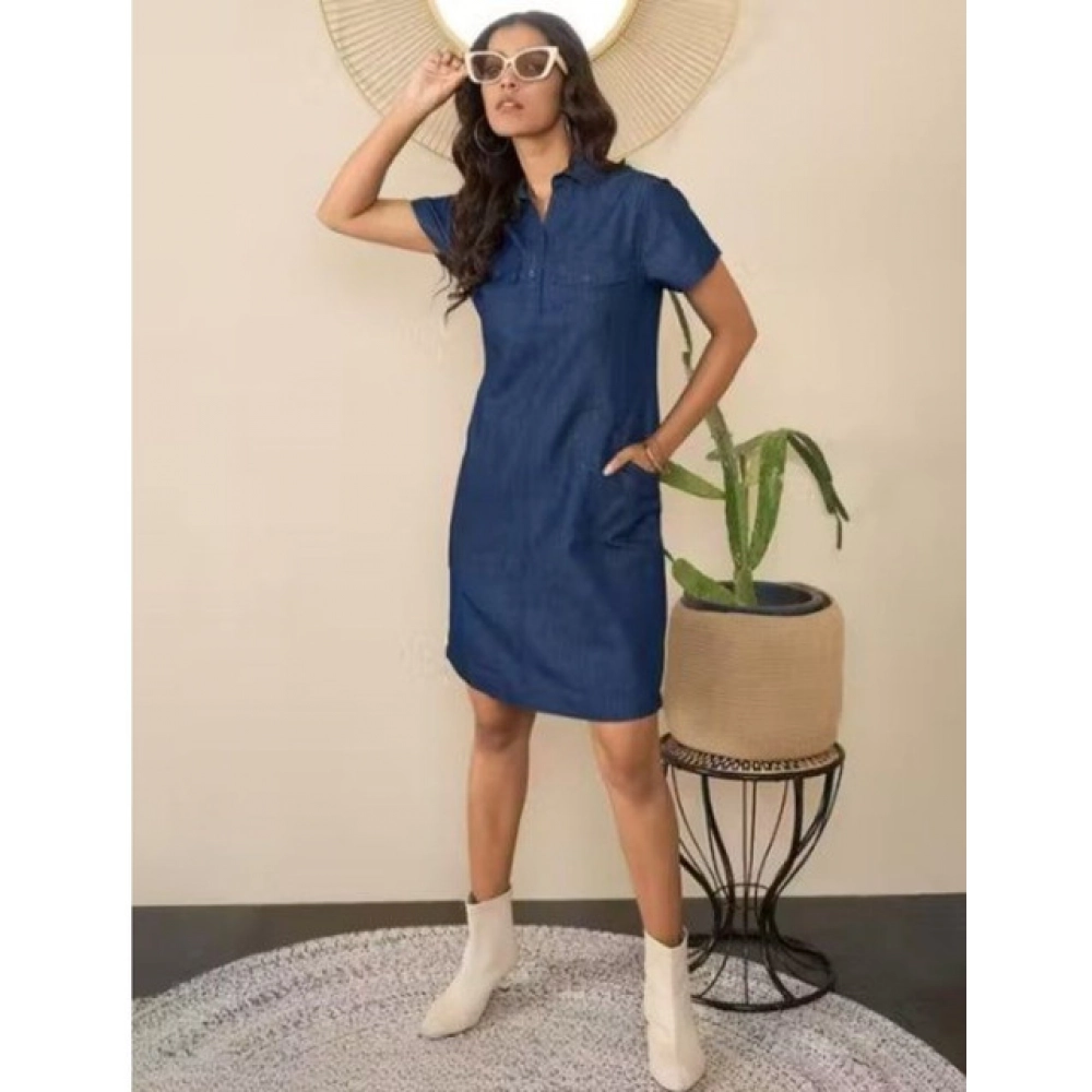 Casual Denim Half Sleeves Dress (Blue) - Image 2