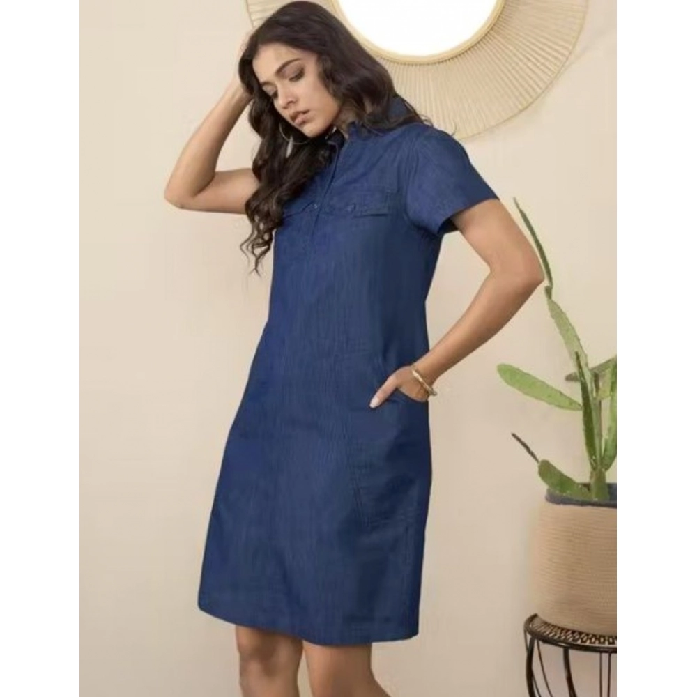 Casual Denim Half Sleeves Dress (Blue) - Image 4