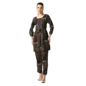 Casual Crepe 3-4th Sleeves Cord Set (Black)