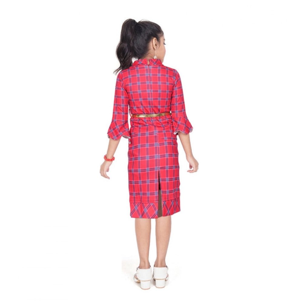 Girl's Knitted Printed 3/4 th Sleeve Close Neck Dress (Pink) - Image 2