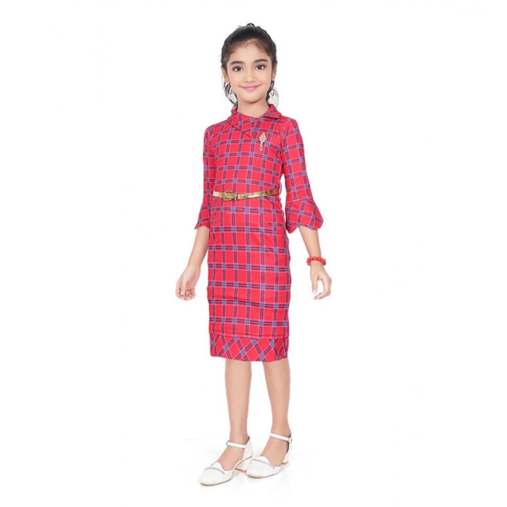 Girl's Knitted Printed 3/4 th Sleeve Close Neck Dress (Pink) - Image 4