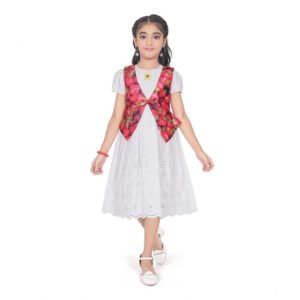 Girl's Heavy Chicken Printed Short Sleeve Round Neck Dress (White)