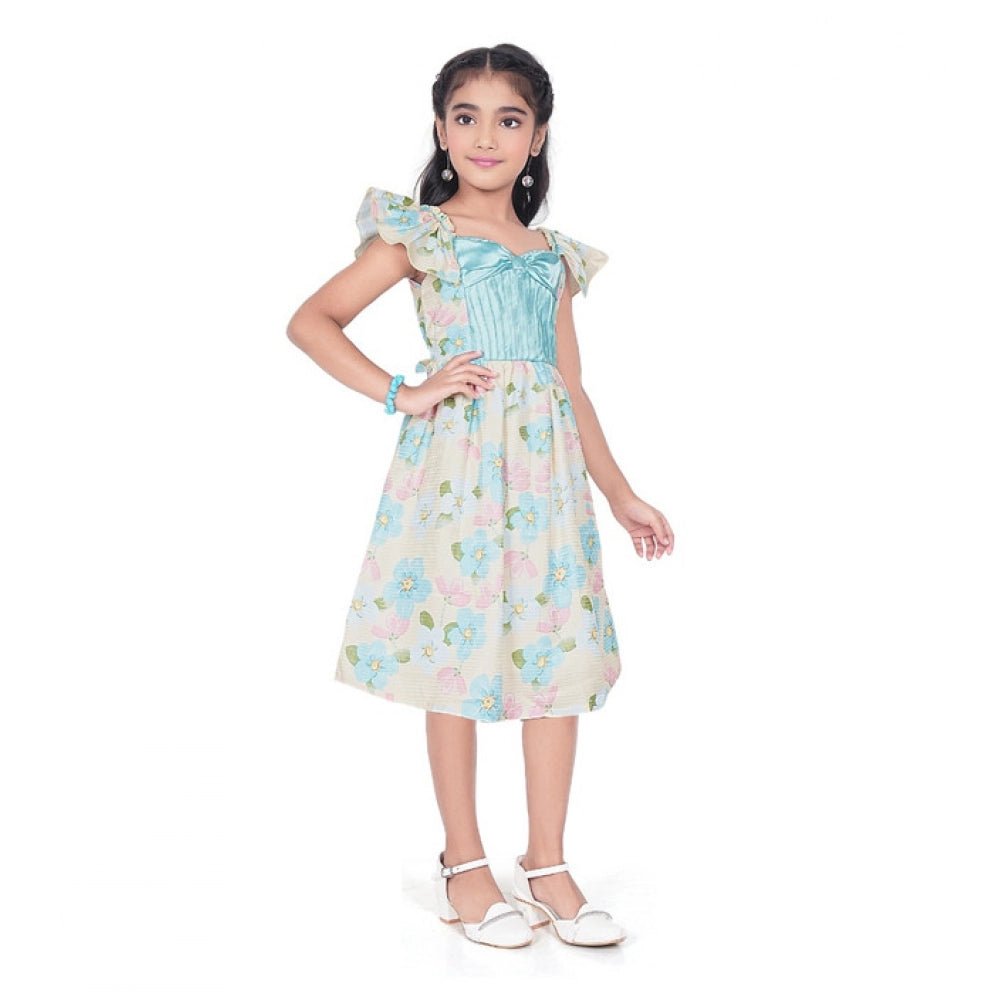 Girl's Popcorn Printed Short Sleeve Squre Neck Dress (Sky Blue) - Image 2
