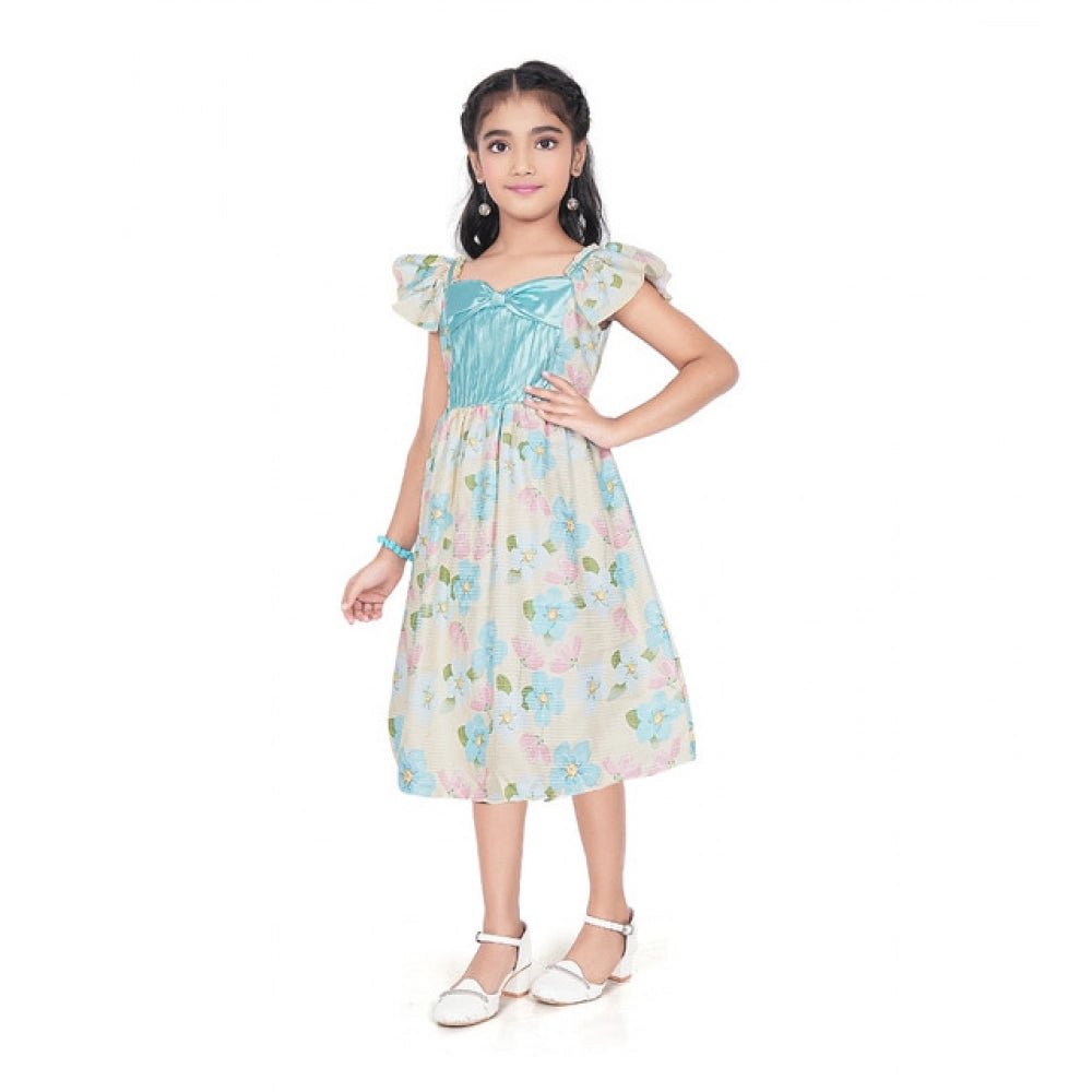 Girl's Popcorn Printed Short Sleeve Squre Neck Dress (Sky Blue) - Image 4