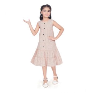 Girl's Slub Printed Sleeve Less Round Neck Dress (Brown)