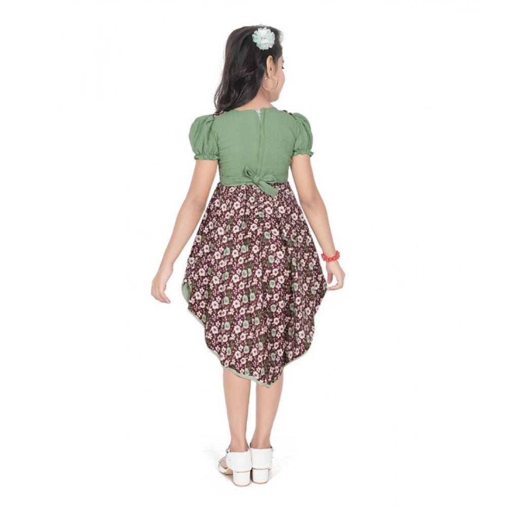 Girl's Twill Printed Short Sleeve Round Neck Dress (Green) - Image 2